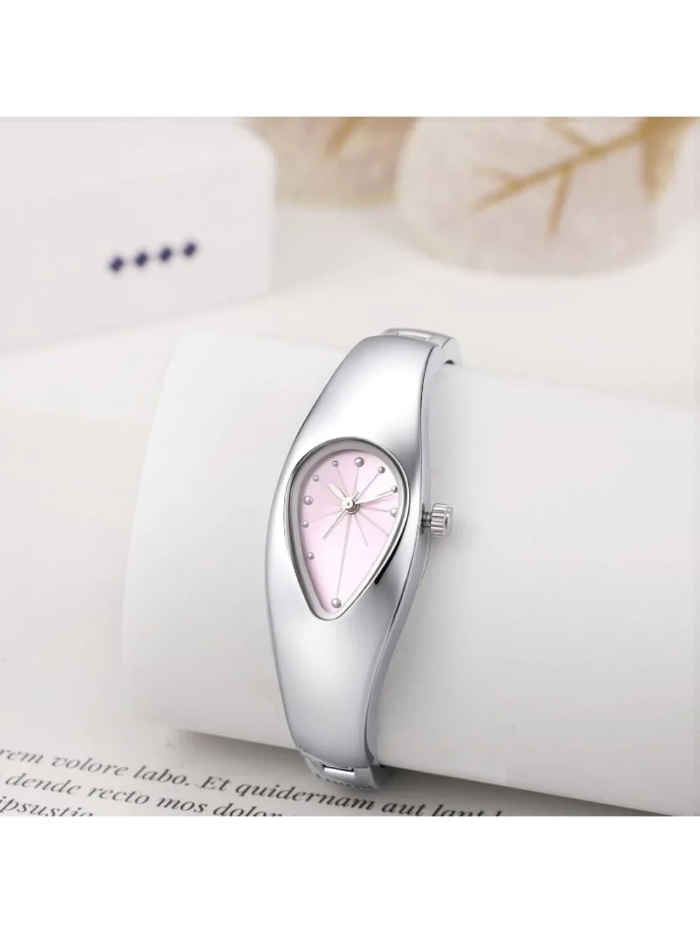 Women's Silver Pink Stainless Steel Strap Teardrop Shape Dial Quartz Wrist Watch